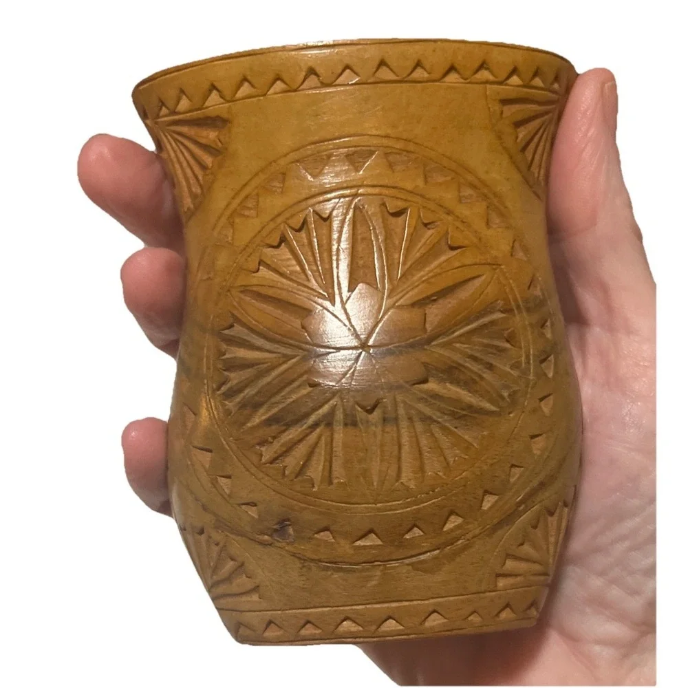 antique balkan yugoslavia vase wood engraved flowers . home decor